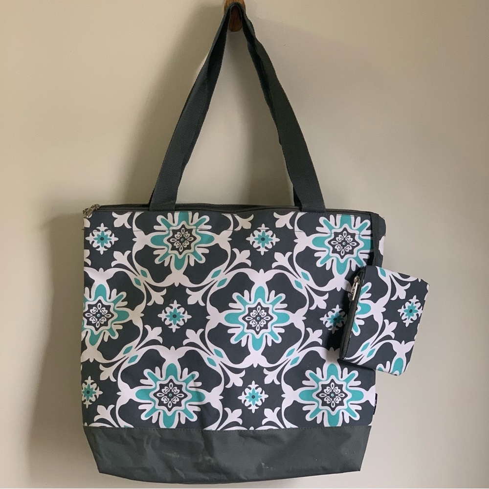NGIL Quatre Vine Women’s Tote Bag Matching Coin Purse Gray Aqua Carryall Teacher